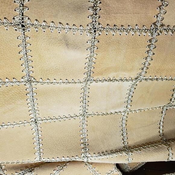 Women's Sz L Handmade Woven Patchwork Leather Jacket Crochet Lace Trim (1630) - Picture 5 of 6